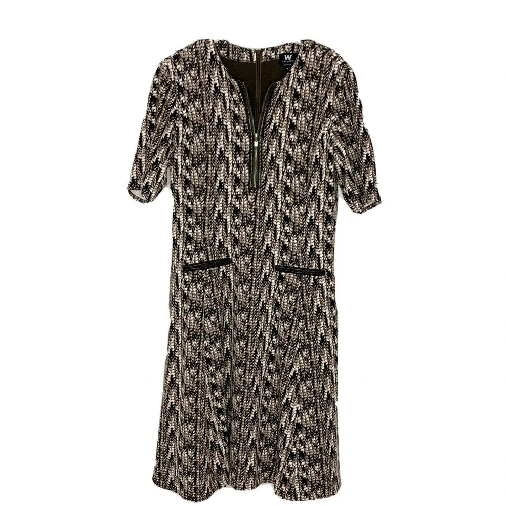 W By Worth Womens Tan Brown Printed Zip Front Short Sleeve Flare Dress Sz 8 - Picture 1 of 5